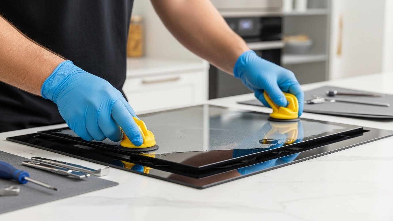 Realistic professional blog cover image showing a person replacing a glass cooktop surface in a modern kitchen, wearing protective gloves, using appropriate tools (e.g. suction lifters or rubber gloves), clear bright lighting, realistic human figure, clean contemporary kitchen countertop background, safety-focused and DIY repair vibe, close-up on hands and cooktop glass.