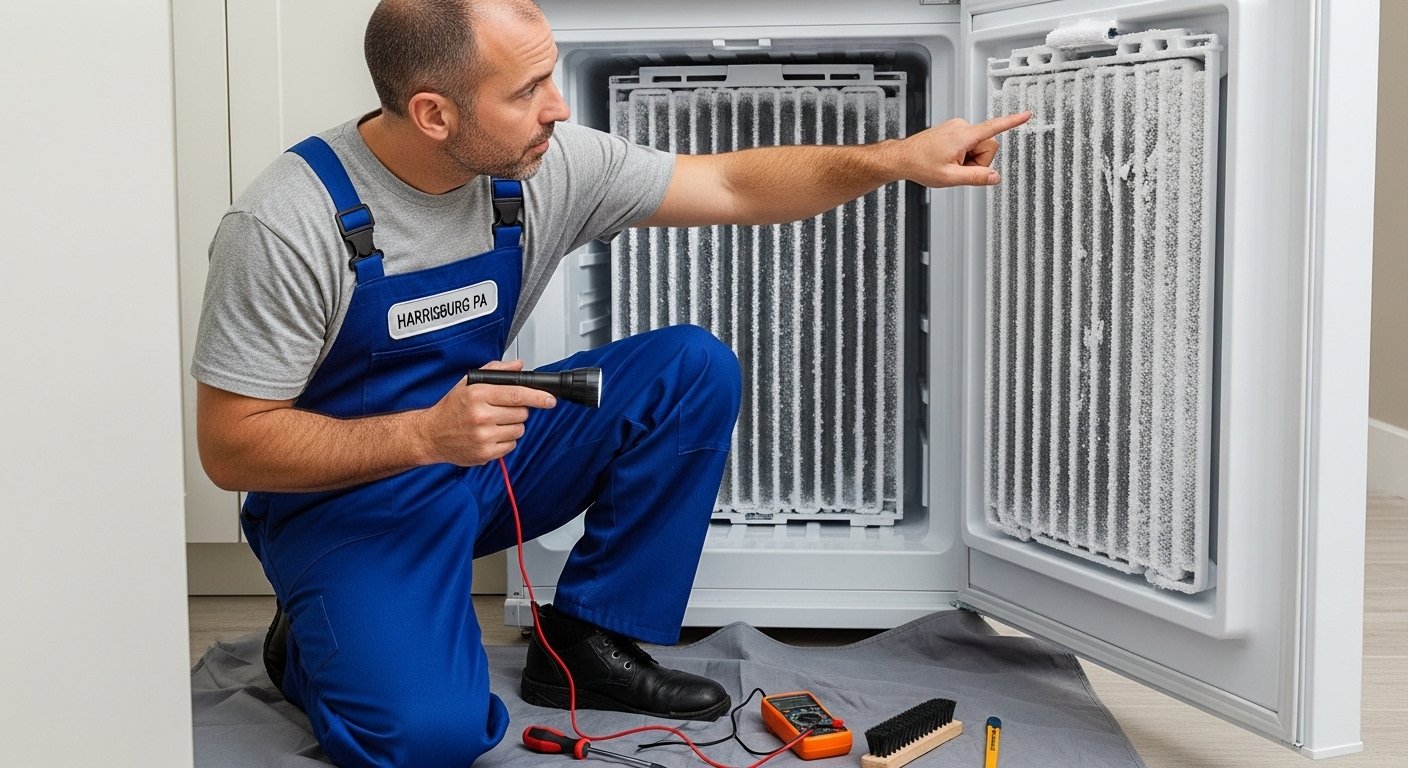 appliance technician diagnosing freezer frost buildup in Harrisburg PA